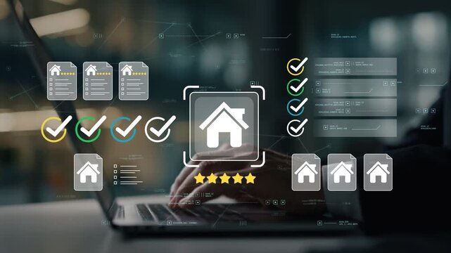 Business professional in modern office managing digital property records with animated home icon, mortgage documentation and real estate compliance interface