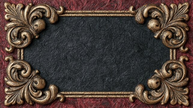 Elegant vintage horizontal border design, central rectangular thick textured black handmade paper field, left and right dark red fibrous organic paper borders, metallic gold foil raised baroque scroll
