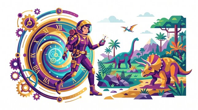 Time travel concept illustration, female astronaut stepping through portal to prehistoric dinosaur era, sci-fi adventure scene with triceratops and clockwork gears