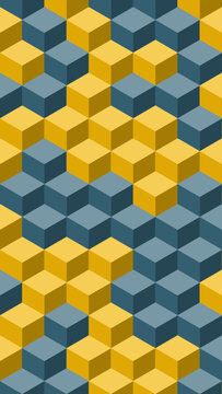 Isometric 3D cube pattern vector, geometric yellow and blue block background, abstract repeating square texture for modern wallpaper and web design