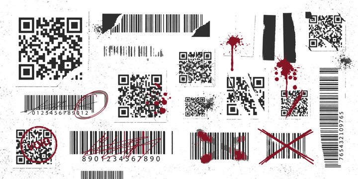 Grungy QR Codes and Barcodes with Red Ink Splatters and Scratches
