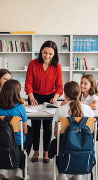 A teacher leading a lesson with students in a classroom, symbolizing education and learning, perfect for school or academic themes