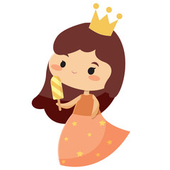 Cute cartoon princess wearing crown eating popsicle ice cream vector illustration