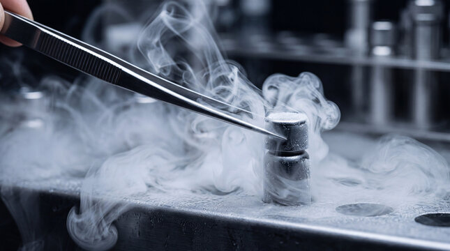 Researcher places frosty cryovial labeled Stem Cells into deep freezer rack in laboratory setting