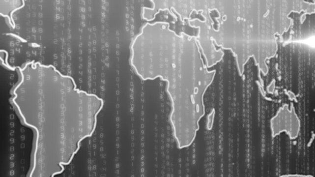 white digital rain with world map design hi tech black technology background