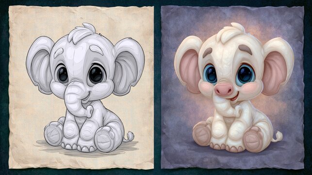Adorable cartoon elephant character presented in sketch and full color.