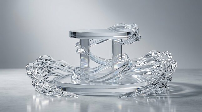 Clear acrylic podium with swirling water elements on light background