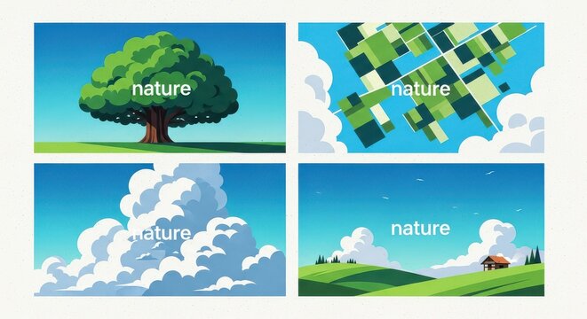 Set of Four Minimalist Nature Illustrations Featuring Trees, Clouds, and Landscapes in a Modern Flat Design Style