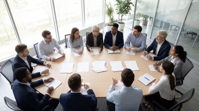 Corporate Boardroom Meeting around Wooden Conference Table