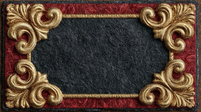 Elegant vintage horizontal border design, central rectangular thick textured black handmade paper field, left and right dark red fibrous organic paper borders, metallic gold foil raised baroque scroll