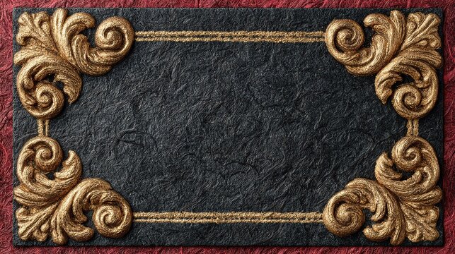 Elegant vintage horizontal border design, central rectangular thick textured black handmade paper field, left and right dark red fibrous organic paper borders, metallic gold foil raised baroque scroll