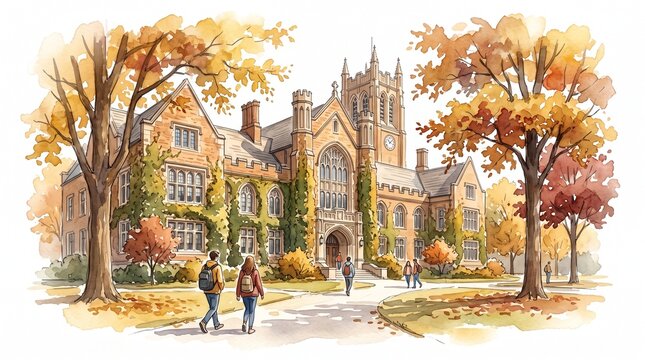 Watercolor university campus illustration, historic college building with autumn trees, students walking on academic grounds in fall season