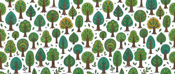 Hand-drawn forest pattern with diverse green trees and leaves. © Zazi