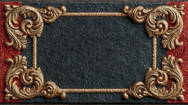 Elegant vintage horizontal border design, central rectangular thick textured black handmade paper field, left and right dark red fibrous organic paper borders, metallic gold foil raised baroque scroll