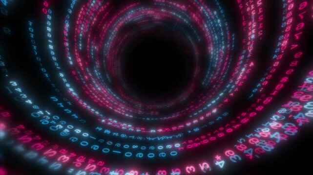 colourful  glowing binary code hi tech 3d tunnel seamless design black technology background