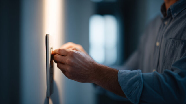 Man adjusting light switch in dim room