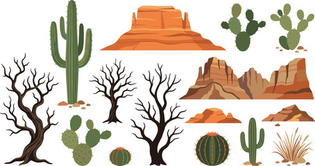 Desert Landscape Vector Element Set Featuring Saguaro Cactus Prickly Pear Canyon Rocks Canyons Mesa and Dead Tree Icons © Sahina