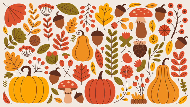 Autumn themed floral ornament with pumpkins leaves acorns and mushrooms on a cream background fall foliage leaves pumpkins