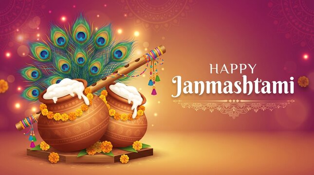 Happy Krishna Janmashtami background with pots, bansuri and peacock feathers. Religious Hindu festival vector illustration of Lord Krishna.