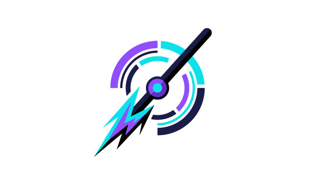Abstract purple tech dial with lightning bolt and pointer.