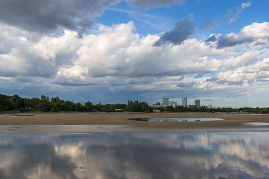 Drained Herastrau Lake in Bucharest during maintenance and repair works
