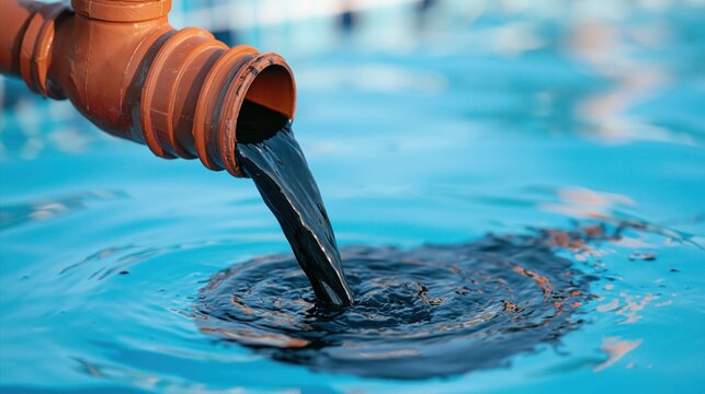 Black liquid pouring from pipe into blue water