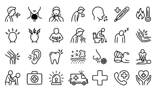 Professional Medical Symptom and Emergency First Aid Outline Icons Vector Collection