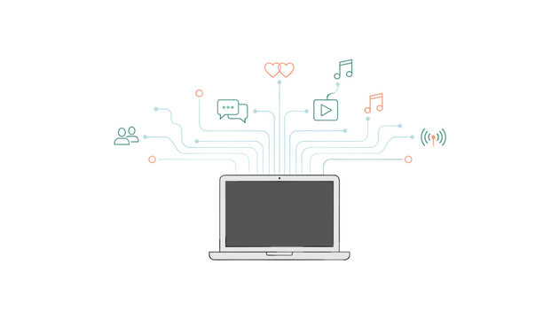 Laptop computer icon sending out social media lines with digital connections of communication, love, users, and music symbols.