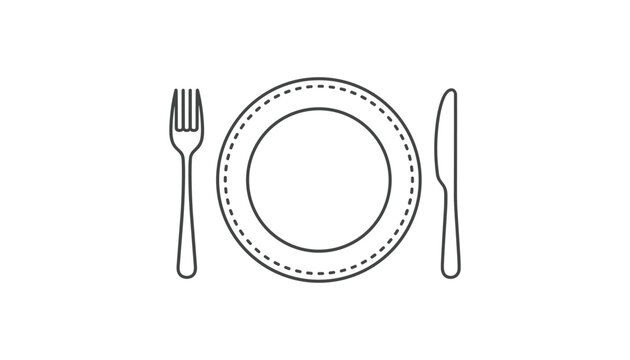 Minimal outline icon of a round ceramic dinner plate placed in the middle of a metal fork and a sharp table knife.