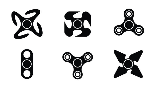 Six black silhouette variations of popular stress-relieving fidget spinner toy shapes isolated on plain white background.