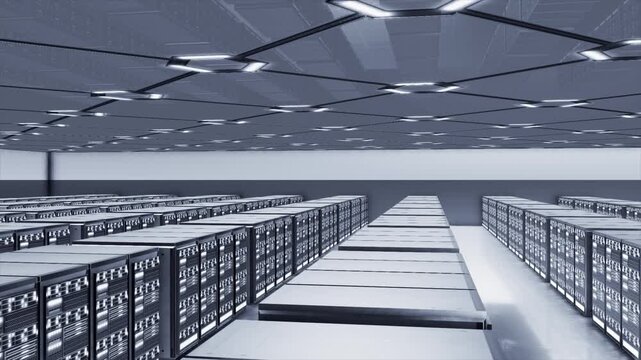White color glowing data transfer and store with server racks traffic on servers managing and processing data hi tech design black 3d technology background