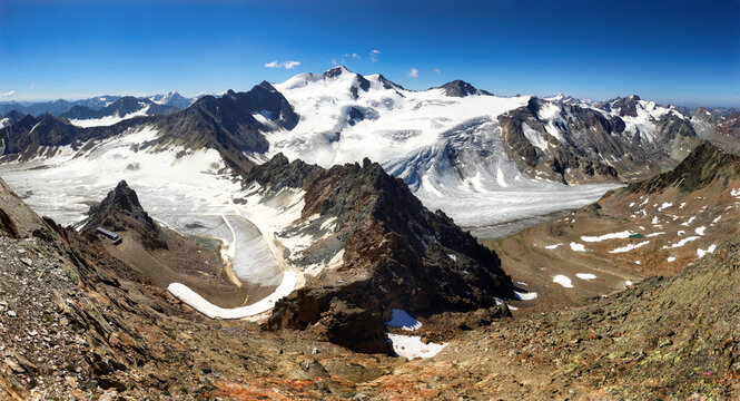 Panorama of Pitztal mountain top glacier with Wildspitze in Austria Alps, Tirol