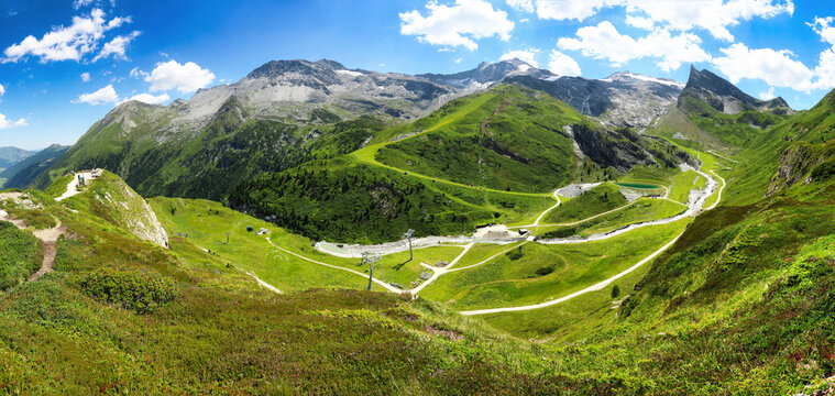 Panorama of green Alpine summer view at the famous Hintertux glacier, Tux, Schwaz, Zell am Ziller, Tyrol, Austria