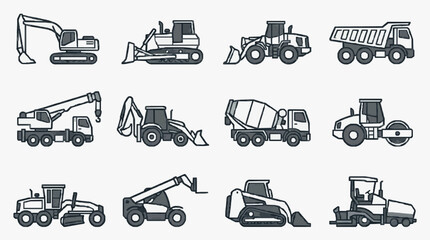 Dynamic Black and White Line Drawing Set of 12 Heavy Construction Equipment Vehicles with high quality professional line art symbols for modern creative design and digital branding projects © Budi