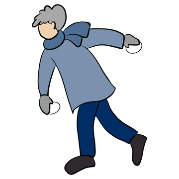 Christmas Winter Vector Illustration Of Man Running With Snowballs, Person Wearing Winter Clothes And Playing Outdoors In Snow, Holiday Cartoon Isolated On White Background For New Year Design