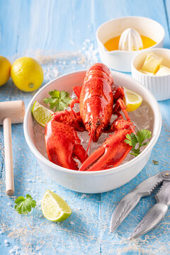 Boiled and spicy lobster as mediterranean traditional dinner.