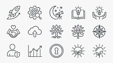 Fototapeta premium Dynamic Black and White Line Icons Set Featuring Innovation Growth Technology and Nature Concepts
