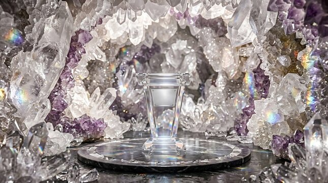 Crystal formation display with shimmering glass container and ambient light