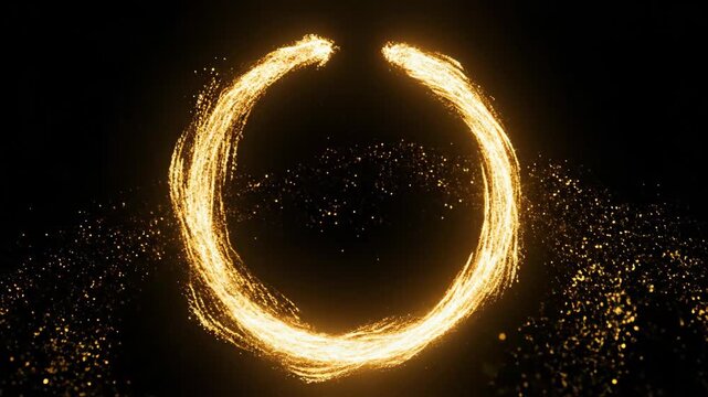 Golden light vortex with sparkling particles on dark background.