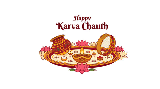 6. Happy Karva Chauth Traditional Puja Thali with Kalash, Diya and Sieve Vector Illustration