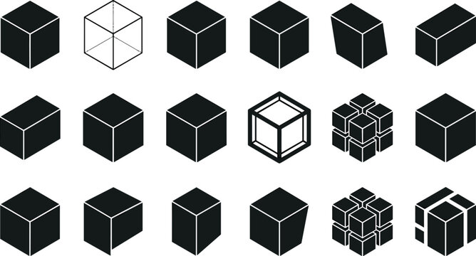 Isometric Cube and 3D Block Icon Set with Geometric Wireframe Boxes and Hexagonal Logic Symbols for Tech Logistics Architecture and Blockchain Graphic Layouts