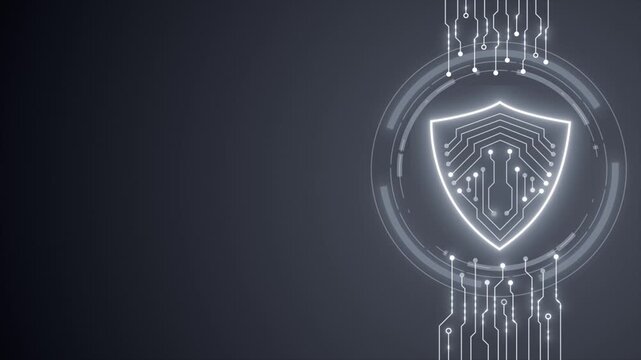 White color glowing HUD UI data transfer with digital shield circuit board futuristic design black presentation technology background