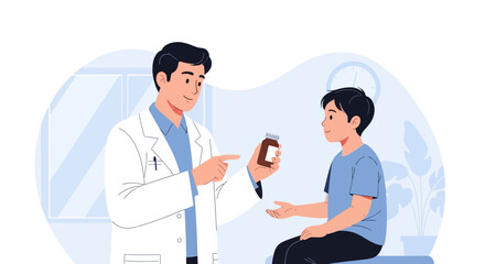 Fototapeta premium Doctor Consults Young Patient, Prescribing Medication Bottle