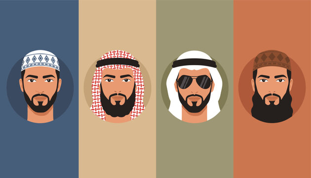 Collection of portraits of Arab men wearing traditional headwear and styles in a modern flat cartoon design.