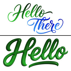 Fototapeta premium Hello There and Hello 3D script lettering set with green and blue gradient calligraphy text effect isolated on white background