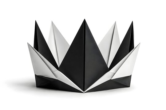 Origami Crown Sculpted from Black and White Paper Folds Isolated on White Background