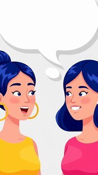 Two women talking with empty speech bubble illustration.