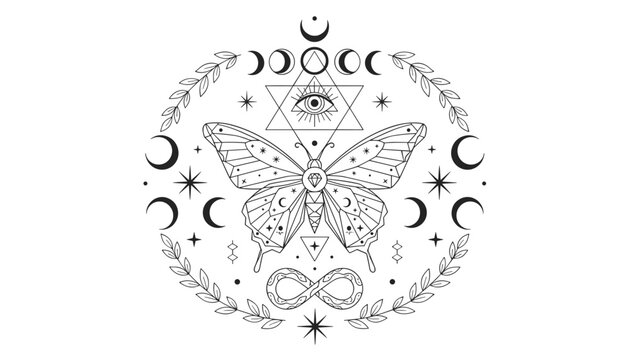 Mystical esoteric line art illustration with butterfly, third eye in triangle, moon phases, and infinity symbol.