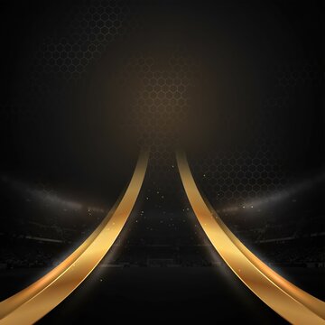 Dynamic gold lines gracefully ascend across a dark hexagonal textured arena, creating an elegant backdrop for luxurious events