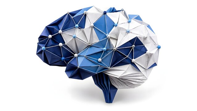 Ultra Realistic 3D Origami Paper Brain with Business Analytics Network Isolated on White Background